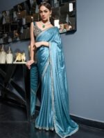 Women's Satin Silk Teal Woven Designer Saree with Unstitched Blouse
