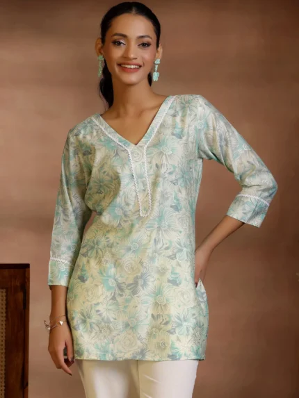 Green Printed Silk Blend Straight Kurti