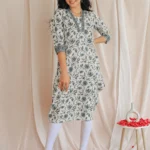 Off White Printed Cotton Straight Kurta