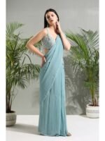 Dusty Blue Saree with Stitched Blouse and Jacket - Image 2