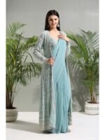 Dusty Blue Saree with Stitched Blouse and Jacket - Image 4