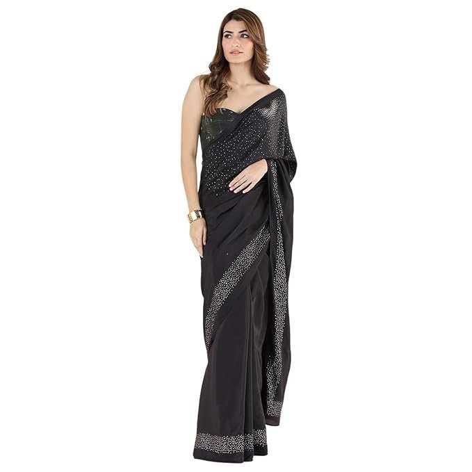 616WDNMQLxL._SX679_.jpg Black liva crepe foil saree - Image 1
