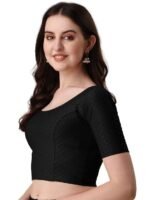 Round Neck Dobby Cotton Lycra Stretchable Elbow Sleeve Readymade Saree Blouse for Women - Image 2