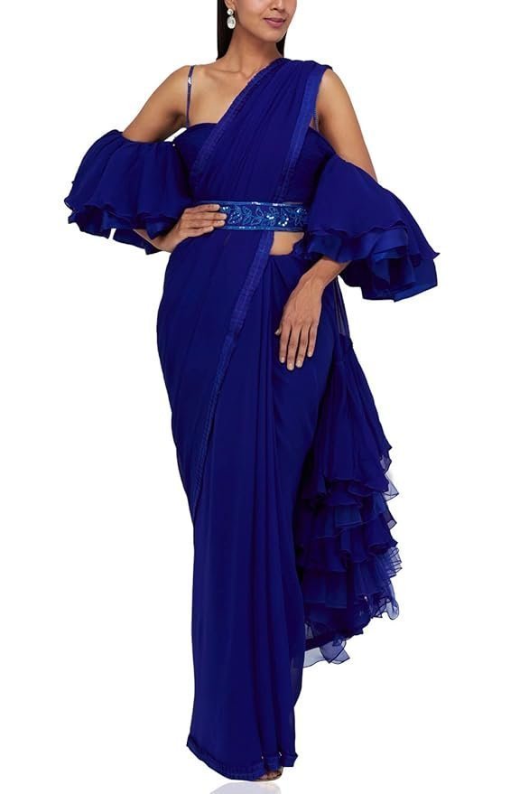 61p6pU9aL._SY879_.jpg Saree Trends Women's Faux Georgette ready to wear Frill saree with unstitched blouse - Image 1