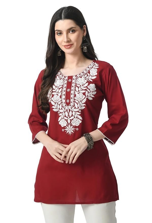 71oOswu1UQL._SY879_.jpg Kurti for Women - Short Chikankari Kurtis for Girls, Lakhnawi Tunic Top Kurta Design for Ladies, Woman Ethnic Kurthis & Shirt with Sleeve, Plain Straight Embroidery for Office - Image 1