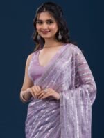 Lavender Sequins Semi Crepe Saree with Unstitched Blouse - Image 2