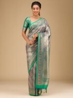 Rama Green Swarovski Raw Silk Saree with Unstitched Blouse