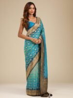 Turquoise Blue Zari Georgette Saree with Unstitched Blouse - Image 4