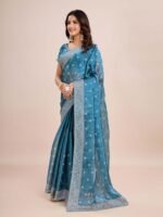 Blue Embroidered Pre-Drapped Saree with Unstitched Blouse - Image 3